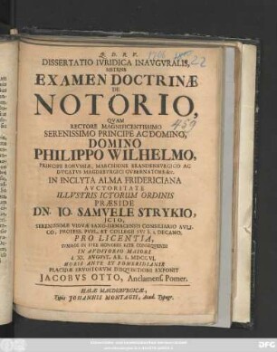 Dissertatio Ivridica Inavgvralis, Sistens Examen Doctrinæ De Notorio