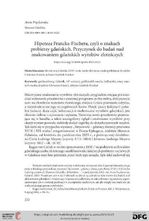 22: Hipoteza Francka‑Fischera, czyli o znakach probierzy gdańskich : Przyczynek do badań nad znakowaniem gdańskich wyrobów złotniczych
