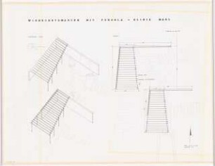 Grünanlage an der Paracelsus-Klinik, Marl: Windschutzmauern mit Pergola: Grundriss und perspektivische Ansicht (Vogelschau) 1:50