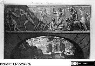 Voyage pittoresque des isles de Sicile, de Malte et de Lipari ..., 2. Band, Tafel CXXXVIII: Bas-relief antique du Tombeau de S.te Agathe; Bain et Etuve antique du Balouard des péstiférés à Catane