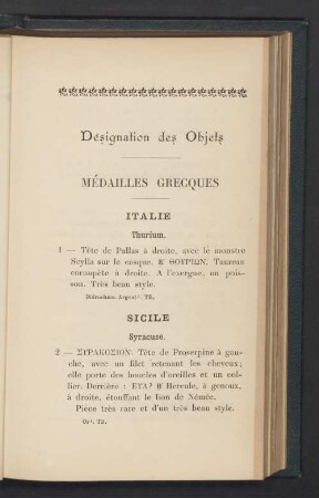 Désignation des objets. Médailles Grecques
