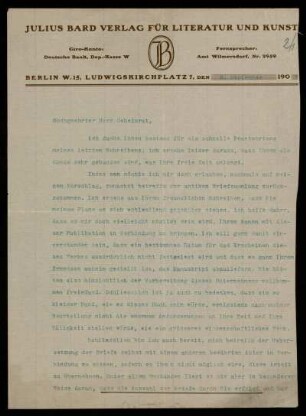 Nr. 2 Brief des Julius-Bard-Verlags für Literatur und Kunst an Ulrich von Wilamowitz-Moellendorff. Berlin, 2.9.1907