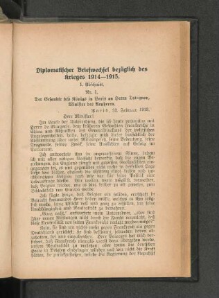 Diplomatischer Briefwechsel bezüglich des Krieges 1914-1915.