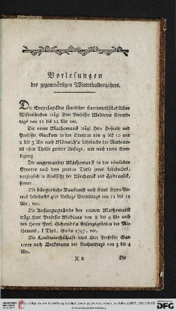 Vorlesungen des gegenwärtigen Winterhalbenjahres
