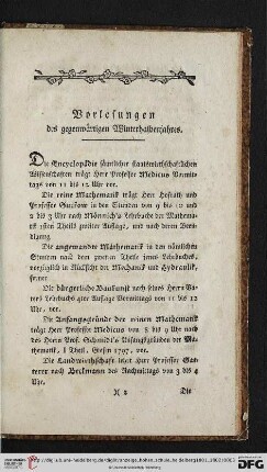 Vorlesungen des gegenwärtigen Winterhalbenjahres