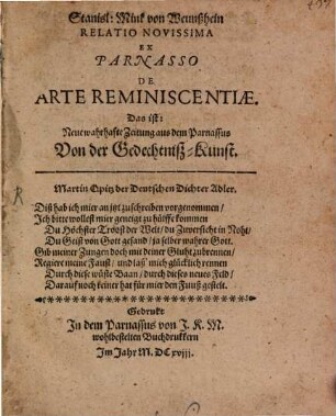Stanisl: Mink von Weunßhein Relatio Novissima Ex Parnasso De Arte Reminiscentiae. Das ist: Neue wahrhafte Zeitung aus dem Parnassus Von der Gedechtniß-Kunst
