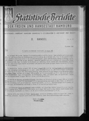Die Umsätze des Hamburger Einzelhandels im August 1958 : Lfd. Nr. 10
