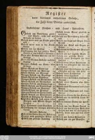 Register derer hierinnen enthaltenen Gebethe, die Zahl derer Blätter anweisend.