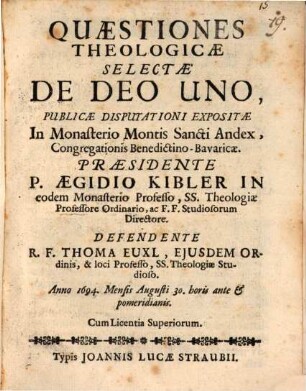 Quaestiones theologicae selectae de Deo uno