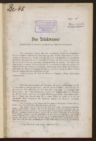 Das Trinkwasser hinsichtlich seiner gesunden Beschaffenheit