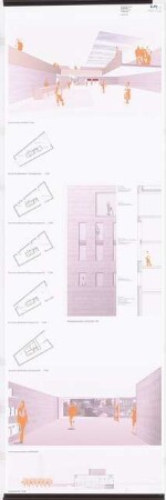 Informations- und Begegnungszentrum an der Stadtbrücke, Frankfurt/Oder Schinkelwettbewerb 2006: Perspektivische Ansichten (Innenraum), Grundrisse, Schnitte 1:200, Fassadenschnitt 1:50
