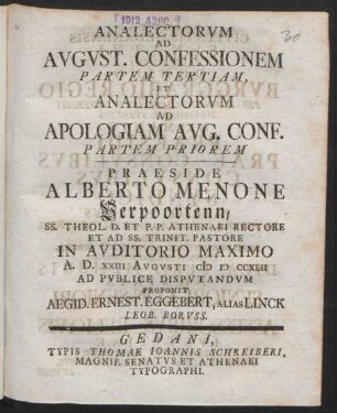 Analectorum Ad August. Confessionem Partem Tertiam, Et Analectorum Ad Apologiam Aug. Conf. Partem Priorem