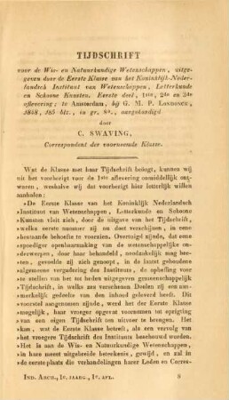 Tijdschrift voor de wis- en natuurkundige wetenschappen, uitgegeven door de eerste klasse ... door C. Swaving