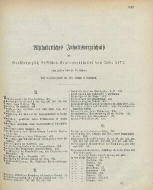 Alphabetisches Inhaltsverzeichniß des Großherzoglich Hessischen Regierungsblattes vom Jahr 1871