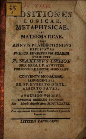 Positiones Logicae, Metaphysicae, Ac Mathematicae