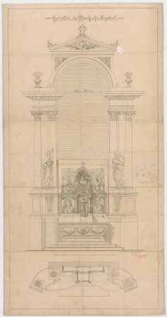 Müller, Josef Anton; Siegsdorf bei Traunstein; Pfarrkirche - 1. Variante - Hochaltar (Grundriss m. Schnitt, Ansicht