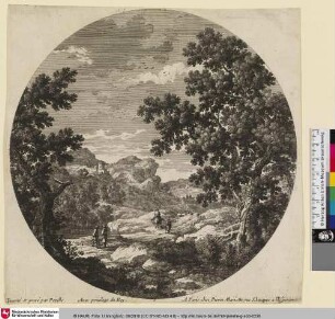 [Landschaft mit Wanderern und einem Reiter]