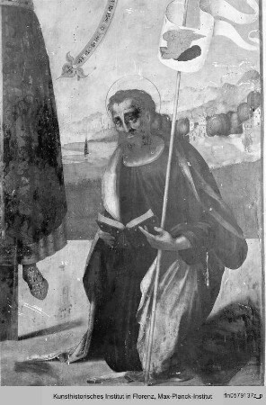 Gekreuzigter Christus als Volto Santo flankiert von dem Heiligen Johannes der Täufer und dem Evangelisten Markus - Cristo corcifisso comme Volto Santo Fra con Santi Giovanni Batista e Marco