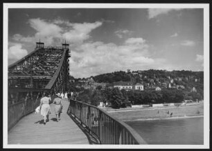 Dresden, Loschwitz und Weißer Hirsch : Dresden-Loschwitz. Stadtteilansicht mit Trasse der Schwebahn. Blick vom Fußweg der Loschwitzer Brücke ("Blaues Wunder") über die Elbe Richtung Norden