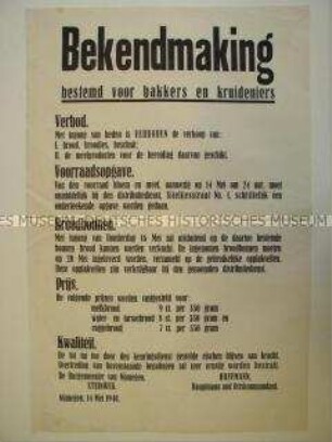 Maueranschlag aus dem besetzten Belgien zu Brotproduktion und -vertrieb