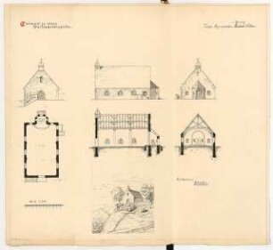 Wallfahrtskapelle Monatskonkurrenz März 1923: Grundriss, Aufriss Vorderansicht (Eingang), Seitenansicht, Choransicht, Längsschnitt, Querschnitt 1:100; perspektivische Ansicht; Maßstabsleiste