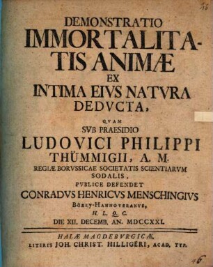 Demonstratio Immortalitatis Animae Ex Intima Eivs Natvra Dedvcta