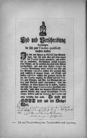 No. 5 Eid und Verschreibung betr. Transitverkehr und Lagerung.