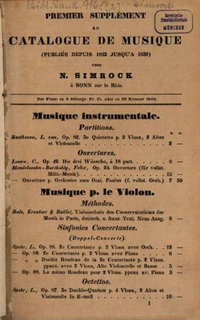 Catalogue du Fonds de Musique de N. Simrock à Bonn, [2]. 1. Supplément au Catalogue de Musique (publiés depuis 1833 jusqu'à 1839). - 1839. - 39 S.