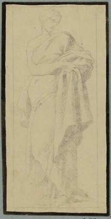 Figurenstudie (weibl.), in einen Mantel gehüllt
