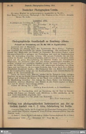 Prüfung von photographischen Instrumenten aus der optischen Anstalt von C. P. Görz, Schöneberg bei Berlin