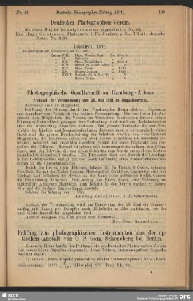 Prüfung von photographischen Instrumenten aus der optischen Anstalt von C. P. Görz, Schöneberg bei Berlin