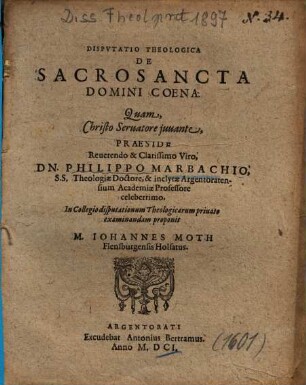 Dispvtatio Theologica De Sacrosancta Domini Coena
