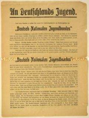 Informationsblatt über Gründung und Zielsetzung des Deutsch-Nationalen Jugendbundes mit Beitrittsaufruf an die Jugend