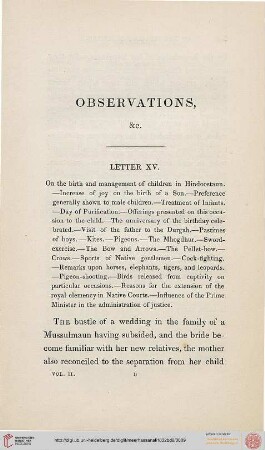 Letter XV: On the birth and management of children in Hindoostaun, Increase of joy on the birth of a Son, ...