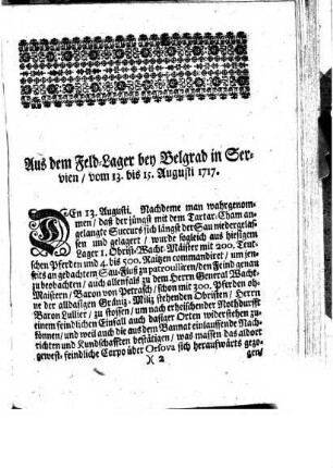 Continuatio Diarii Von Ihrer Römisch-Kayserlichen und Catholisch-Königlichen Majestät, Unter Commando ... Hn. Eugeny Franz, Prinzen von Savoyen und Piemont ... In Dero Erb-Königreich Hungarn befindlicher Haupt-Armee, 18