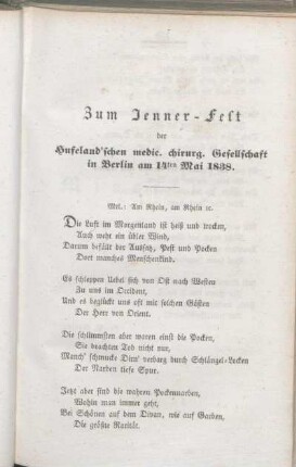 Zum Jenner-Fest der Hufeland'schen medic. chirurg. Gesellschaft in Berlin am 14ten Mai 1838.