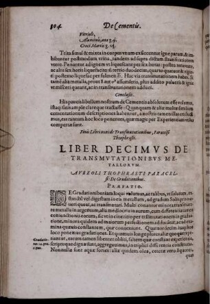 Liber Decimus De Transmutationibus Metallorum. Aureoli Thophrasti Paracelsi: De Gradationibus