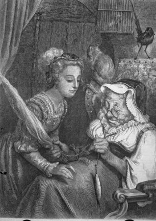 Illustration zu "La Belle au Bois Dormant": Die Königstochter bei der alten Frau an der Spindel