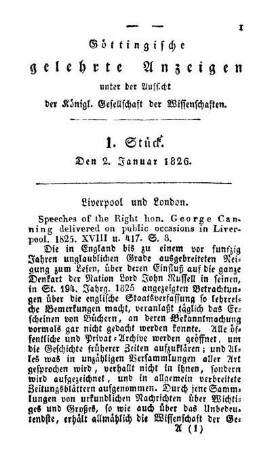 Göttingische gelehrte Anzeigen unter der Aufsicht der königl. Gesellschaft der Wissenschaften. 1.Sück. Den 2. Januar 1826. [-] 68. Stück. den 29. April 1826.