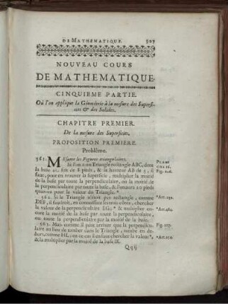 Cinquime partie. Où l'on applique la Géométrie à la mesure des Superficies & des Solides. Chapitre premier. De la mesure des Superficies. Chapitre II. Où l'on applique la Géométrie à la mesure des Coprs solides.