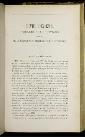 Livre Dixième. Théorie Des Équations (Suite). De La Résolution Algébrique Des Équations.