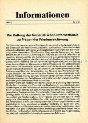 Parteiinformation der SED über die Haltung der Sozialistischen Internationale