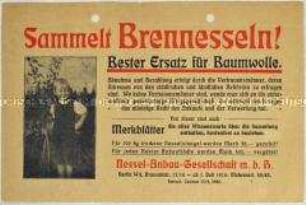 Flugblatt mit dem Aufruf zum Sammeln von Brennesseln als Ersatz für Baumwolle