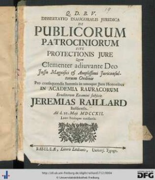 Dissertatio Inauguralis Juridica De Publicorum Patrociniorum Sive Protectionis Jure