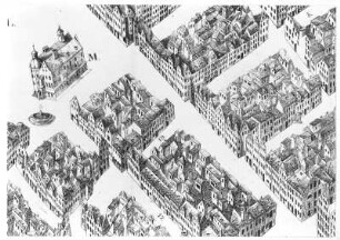 Perspectivischer Plan von Dresden-Altstadt im Jahre 1634 : Reibisch, Friedrich Martin nach Vogel, Andreas. Perspectivischer Plan von Dresden-Altstadt im Jahre 1634. Lithografie; 39,3 x 45 cm. 1827. Ausschnitt mit Rathaus auf dem Alten Markt und Schloßgasse. Dresden: Kupferstich-Kabinett A 131 347 in Sax. top. I, 1, 20