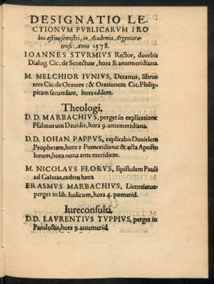 Designatio Lectionum Publicarum Pro hoc aestivo semestri ... Anno 1578.