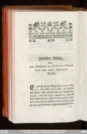 Zwölfter Absatz, Von dem Vorhalten des Chefs einer Schwadron bey einem allgemeinen Angriff.