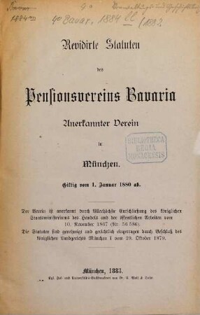 Verwaltungs- und Geschäftsbericht des Pensions-Vereins Bavaria, Anerkannter Verein, München, gegründet 1867. 1882 (1883)