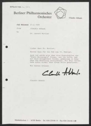 Brief an Gerard Mortier, 21.02.1996