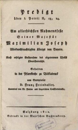 Predigt am Namensfeste Maximilian Josephs Königs von Baiern